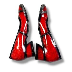 Girotti Red and Black Patent Leather Block Heel Brogue Pumps Size EU 39 US 8.5
